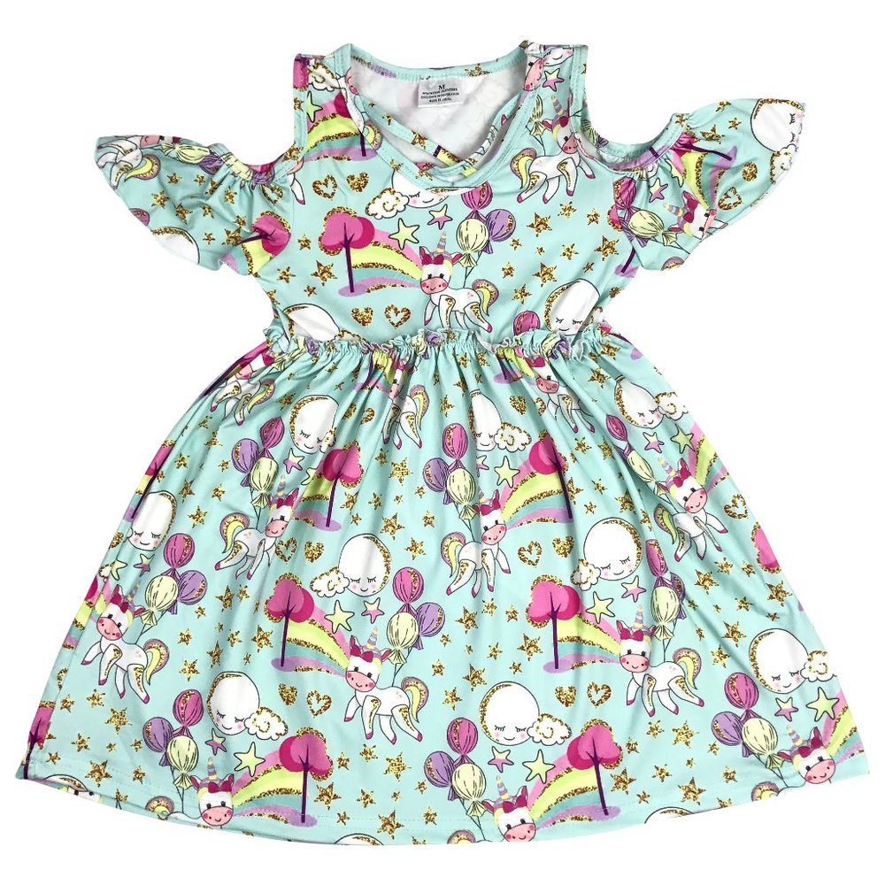 Little Girl dress Kids Toddler Cold Shoulder Ruffle Unicorn Rainbow Easter Girl